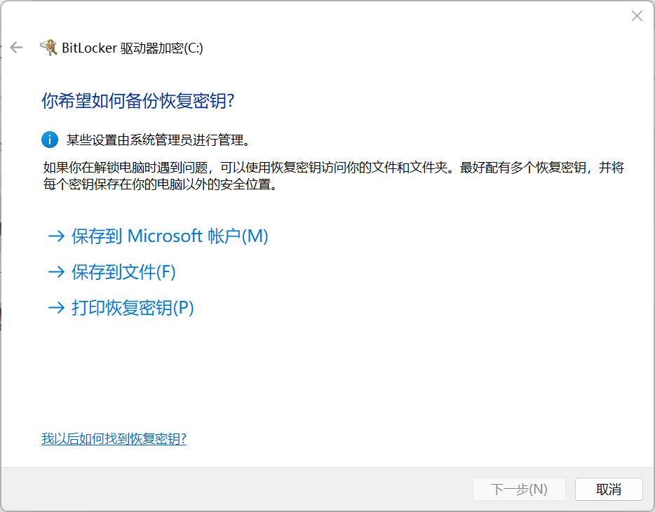 BitLocker 启用时的备份恢复密钥界面